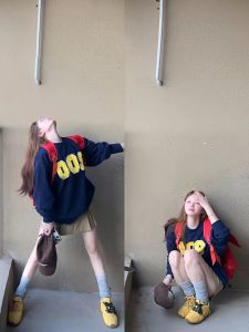 American Style Popular Dark Blue Womens Spring Autumn Capless Hoodie round Neck Jacket Streetwear Loose Fit Long Sleeve