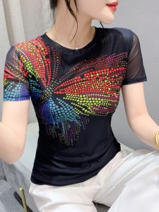 European Goods Heavy Industry Print Mesh Short Sleeve T-shirt Womens Summer Wear New Arrival Fancy Western Style Slim Fit Versatile Bottoming Top