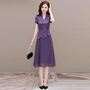 MAIMEI | Elegant Reformed Cheongsam Dress Womens Summer Mid-aged High-waisted A-line Short-sleeved Midi Skirt V-neck Single-piece