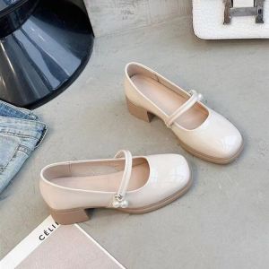 รองเท้าส้นเตี้ย Mary Janes สไตล์ฝรั่งเศสสำหรับผู้หญิง ทรงหัวมน ด้านหลังสูงปานกลาง สีดำ ทรงหัวมน พื้นรองเท้าส่วนบนทำจากหนังวัว รองเท้าส้นแบนสำหรับใส่ไปงาน