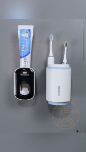 Combo kệ đựng bàn chải đánh răng kèm 2 cốc e1905 và khay nhả kem thông minh e1922 dán tường trong nhà tắm