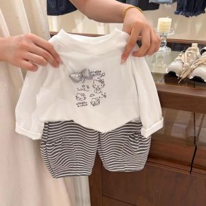 2025 New Korean Style Girls Cartoon Print KT Cat Sun Protection Long Sleeve round Neck Top Floral Half Skirt Set Childrens Clothing