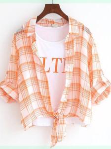 เสื้อเชิ้ตผู้หญิงสั้นลายสก็อต ผ้าชีฟอง ป้องกันแสงแดด ฤดูร้อน 2024 แฟชั่นเกาหลี ทรงหลวม แขนยาว ปกโปโล ผ้าฝ้ายผสม