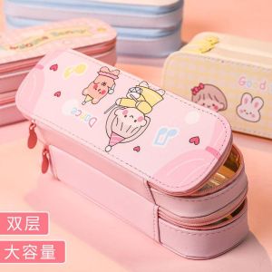 Pencil Box Korean Style High School Large Capacity 3 Layer Zipper Pencil Bag PU Student Stationary School Office Storage Pencil Case Kotak Pensil Kain Jaring 筆袋鉛筆盒