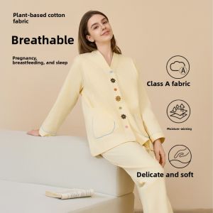 miiow | Pure Cotton Summer Thin Maternity Nightgown Womens Nursing Mouth Home Clothes Anti-Light Pregnant Ladies Sleepwear Long Sleeve