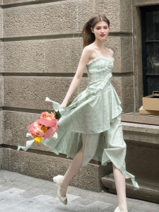 LKONE Mountain Sea Mint Wave Design Green Flower Print Irregular Long Dress For Young Adults Tight Waist Sling Style Plaid Pattern