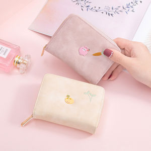 Cute Student Short Wallet Womens Foldable Integrated Design Small Fresh Style Embroidery Leather Wallet with Zipper for Youth