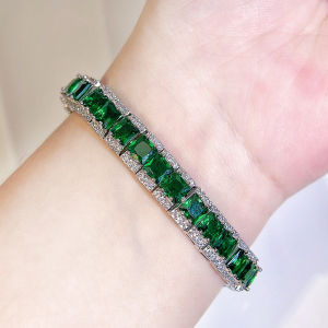 SEQUITO Charming Women Wrist Jewelry Inlay Green Princess Cut AAAAA Cubic Zircon Yellow Gold Plated Fashion Slider Bracelet Clothing Accessories B330