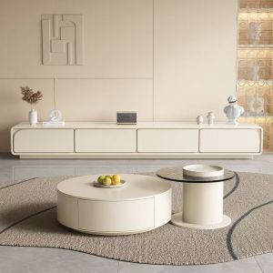 Creamy Style Piano Baked Finish Living Room Coffee Table and TV Cabinet Combo
