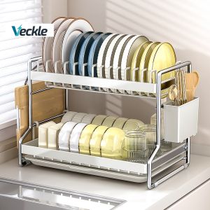 Veckle 2/3Layers Stainess Steel Dish Rack With Drainer Drying Rack Kitchen Plate Organizer Storage Shelf Rack