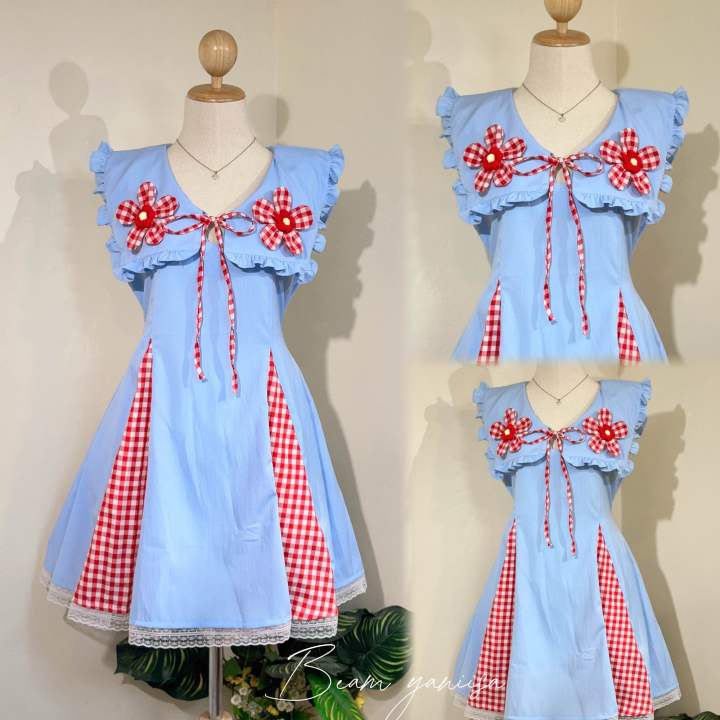 Dress คอปกระบายปักดอกไม้ทรงปล่อย ( M-12 ) ♥️ | Lazada Thailand
