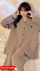 Bộ Ngủ Pyjama Nữ Kẻ Sọc Hoạ Tiết Thêu Hình Mickey Chất Liệu Cotton Thoáng Mát Pj12