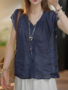 Shalldoer | Casual Style V-Neck Pleated Short Sleeve Chiffon Shirt Womens Slimming Top Wooden Edge Summer Fashion Elegant Pure Color