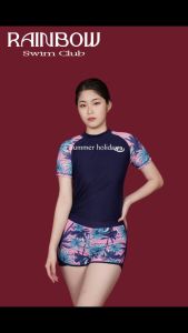 Rainbow Rash Guard Terno swimsuit women 2pcs swimsuit fashion slim student sports style short-sleeved swimwear swim playsuit M-2XL