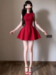 CHANGTONG | Summer Elegant Flattering Red Dress Waist Accentuated Skater