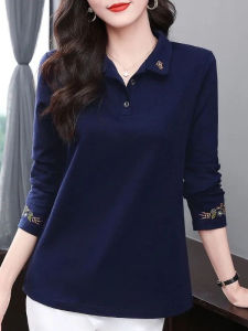 Áo Thun Polo Cổ Chữ V Thêu Cotton Nguyên Chất Dáng Rộng Đa Năng Cho Mẹ Béo Cỡ Lớn Mặc Ngoài Trời Mùa Thu