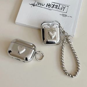 เปลือกหูฟังรูปหัวใจสามมิติชุบเงินพร้อมแหวนและจี้เหมาะสำหรับแอร์พอด 1 2 3 4 โปร โปร 2