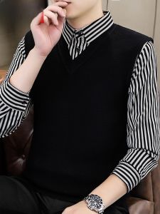 HENGYUANXIANG | Hengyuanxiang Mens Knitted Sweater V-Neck Striped Shirt Collar Fake Two-Piece Fashionable Autumn Wear Casual Loose Fit
