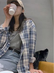 Áo Sơ Mi Kẻ Caro Cổ Polo Dài Tay Dáng Rộng Thoải Mái Phong Cách Hàn Quốc Dành Cho Nữ Mùa Xuân Thu Thường Ngày