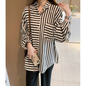 AMILUCK | Personalized Stripe Womens Shirt Autumn New Retro Hong Kong Style Top Lightweight Maturity Design Sensation Shawl Collar Cotton Blend