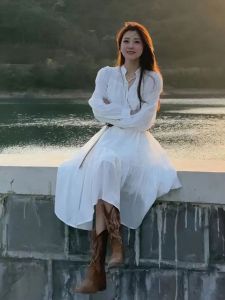 Váy Dài Màu Trắng Phong Cách Pháp Thanh Lịch Cho Nữ Mùa Hè 2025 Váy Đi Biển Mới Váy Dài Siêu Đẹp Váy Chữ a Cổ Chữ V Cạp Cao Dài Tay