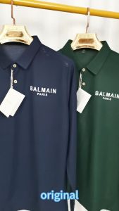 Original BALMAINˉPARIS Men's Spring and Autumn Long-sleeved Polo Shirt Business Casual Lapel Pure Cotton Bottom Sweater Loose Long-sleeved T-shirt