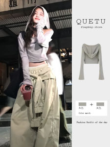 เสื้อยืดคอกลมแขนยาวทรงหลวมสไตล์เกาหลีสำหรับผู้หญิงในฤดูใบไม้ร่วง สีเทา ทรงเข้ารูป ทรงสั้น แฟชั่นใหม่ ปกป้องแสงแดด เสื้อยืดคอตตอนผสมโพลีเอสเตอร์