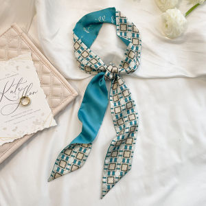 Lake Blue Double-Sided Pointed Hair Band Silk Scarf Small Bench Womens Thin Scarf Tie Bag Decorative Ribbon Scarf Headscarf