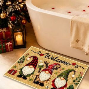 VIKAMA Christmas Gnome Doormat Wood Wreath Merry Xmas Welcome Mat Non Slip Soft Floor Rug for Front Door Entryway Holiday Decor