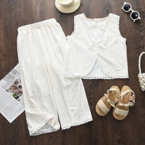 Bear Leader 3 to 7 Years Kids Clothes Sets New Hollow Lace Sleeveless T-shirt and Pathwork Pants 2 Pieces Fashion Outfits Kids Summer Cute Bow Clothing Solid Color Costumes