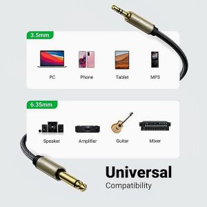 3.5 mm to 6.35 mm Audio Cable 24K Gold-Plated Terminal Silver Color Zinc Alloy Housing 3.5mm 1/8" Male TRS to 6.35mm 1/4" Male TRS Nylon Braided Stereo Audio Cable for CellPhone