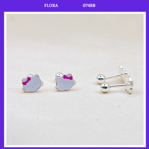 FLORA 0748B - Bông tai bạc ta khuyên chốt ren hình mèo Hello Kitty dành cho bé gái