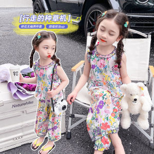 Bộ Đồ Trẻ Em Mùa Hè Bằng Vải Lụa Cotton in Hoa Không Tay Chống Muỗi Bộ Đồ Trẻ Em Hai Mảnh Phong Cách Hàn Quốc Cho Bé Gái