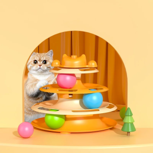 1pcs 3/4-Layer Feather Cat Turntable With Fun Toy Ball And Playing Stick - Interactive Toy For Cats