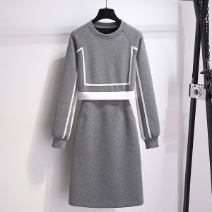 Gray Casual Long Sleeve T-Shirt Dress Womens Spring Autumn New Waist Exposed Faux Two-Piece Sweatshirt Dress Small Size