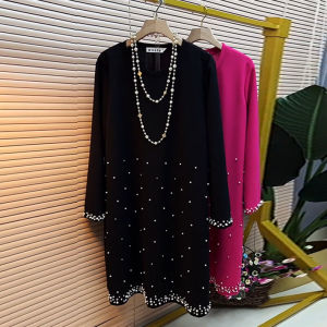 ชุดเดรสยาวปานกลางสไตล์เกาหลีประดับคริสตัลขนาดใหญ่สำหรับผู้หญิงไซส์ใหญ่ กระโปรงทรงเอเอวสูง แขนยาว สีพื้น ฤดูใบไม้ร่วง