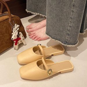 French Style Half Slippers Womens Outdoor Wear Spring Summer New Soft Leather Mules Mary Jane Single Shoes Sweet Style PVC Upper