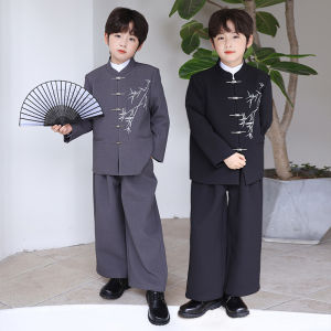 2PCS Chinese Dress Set For Boys Stand Collar Embroidered Zhongshan Suit Ethnic Performance Costume Boy Buckle Blazer