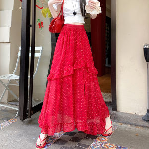 YIMEI Red midi skirt spring/summer 2025 new style split polka dot cake skirt elegant luxurious high-end beach long skirt