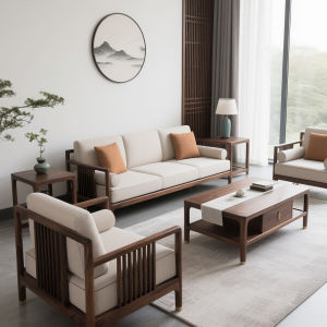 New Chinese Style Solid Wood Sofa Simple Living Room 2025 New Model North America Black Walnut Zen Home Villa Furniture