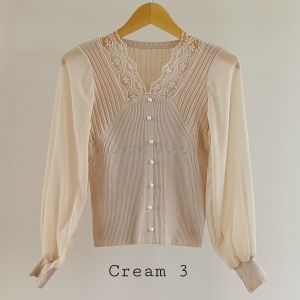 JISOO - Atasan Blouse Knit Rajut Kombinasi Lengan Balon Puffy Ceruty