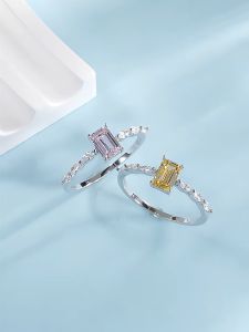Sylarose Real 925 Sterling Silver Exquisite Sparkling Emerald Cut Pink Yellow Zirconia Ring For Women Wedding Luxury Party Fine Fashion Jewelry