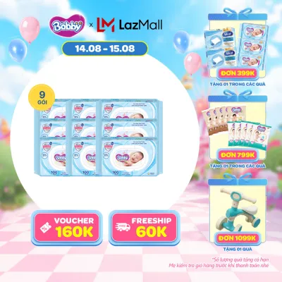 [15-20.09 QUÀ TO]Combo 9 gói khăn ướt Bobby Care không hương 100 miếng/gói