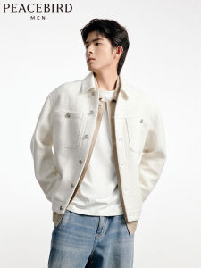 Peacebird Mens Casual White Shirt Collar Jacket Small Fragrance Style Loose Fit Polyester Fiber Long Sleeve Autumn Coat