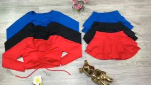 Bikini đồ bơi nữ đi biển 2 mảnh áo croptop dài tay kèm mút mỏng quần giả váy xếp tầng nhiều màu chất liệu thun lạnh co dãn 4 chiều thoáng mát BINSPORTS BHV194