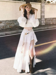 ZHENMANZI | Resort Style Lace Bell Sleeve Irregular Flowy White Dress