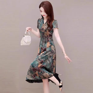 MAIMEI | ชุดกี่เพ้าผ้าไหมน้ำแข็งสุดหรูสำหรับคุณแม่วัยกลางคน ชุดจีนโบราณสไตล์ย้อนยุค กระโปรงทรงเอคอวีแขนสั้น