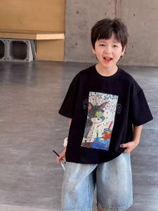 Cotton T-Shirt Childrens Summer Casual Loose Short Sleeve Half Sleeve Pure Cotton Sweat Absorbent round Neck Print Top for Boys And Girls