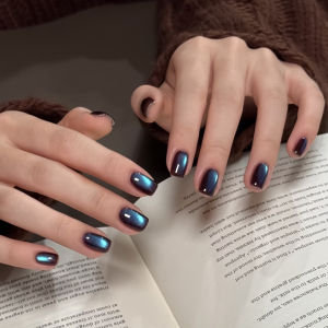 Short Handmade Wearable Glass Bead False Nails Brown Blue Cat Eye Nail Art White Enhancing for Pregnant Women And Teen Girls