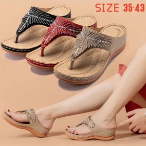 【Local Ship】Wedge Sandals for Women Korean New Style Summer Leather Ladies Wedge Heel Slippers Rhinestone Clip Toe Large Size Thick Sole Wedges Muffin